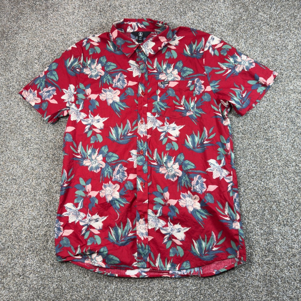 Volcom Mens Floral Button Up Shirt Red Tropical Short Sleeve Large Hawaiian Camp